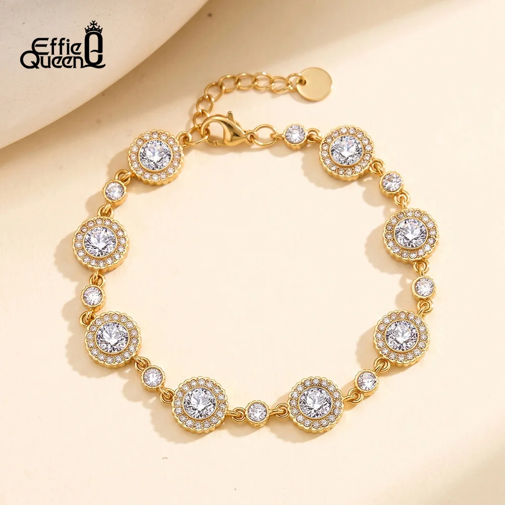 EFFIE QUEEN Stainless Steel Round Tennis Zircon Bracelet Women Charm Cubic Zirconia Shiny Bracelet Daily Party Jewelry STKB34