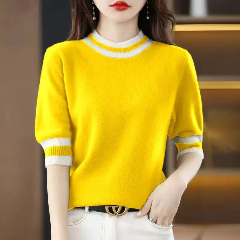 Korean Fashion Women Clothing Half Sleeve Sweaters Spring Summer New O-Neck Contrast Color Knitted Loose All-match Basic Tops