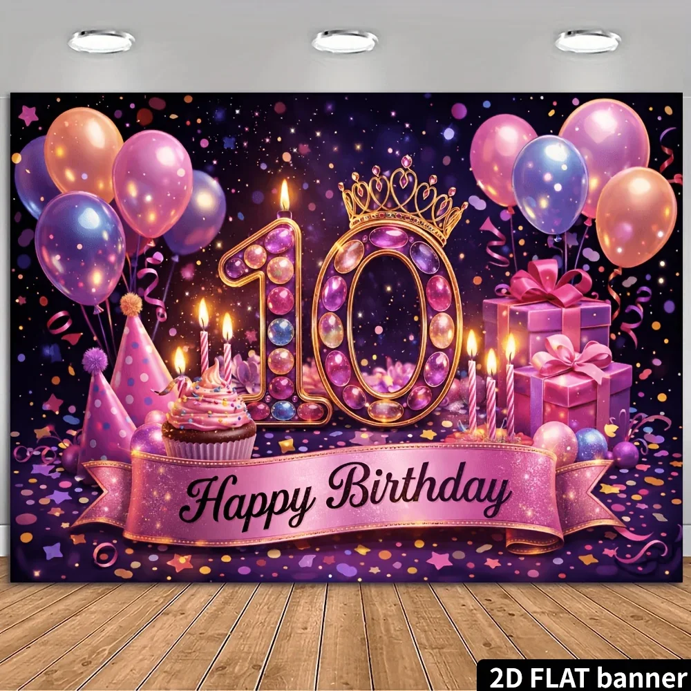 2D plane 10th birthday party banner background - A dreamy purple and pink birthday theme, featuring gemstone-embedded number DJH