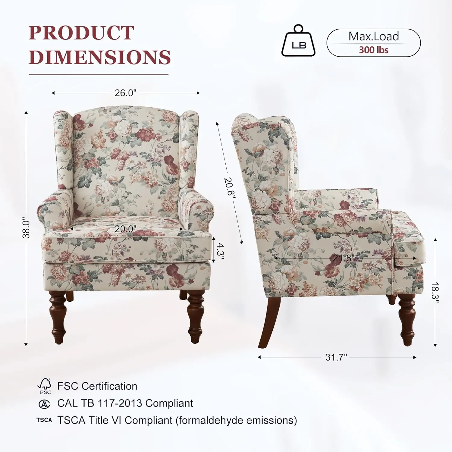 300lbs Capacity Printed Linen Upholstered Wingback Accent Chair Comfy High Back Reading Chair for Living Room Bedroom Customized