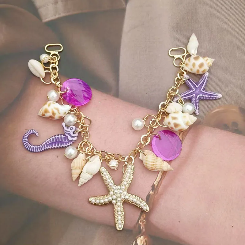 1Pair Seahorse Conch Sequin Pearl Shoe Chain Buckle Bikini Flip Flops Connectors Metal Apparel Bags Cap DIY Garment Sewing