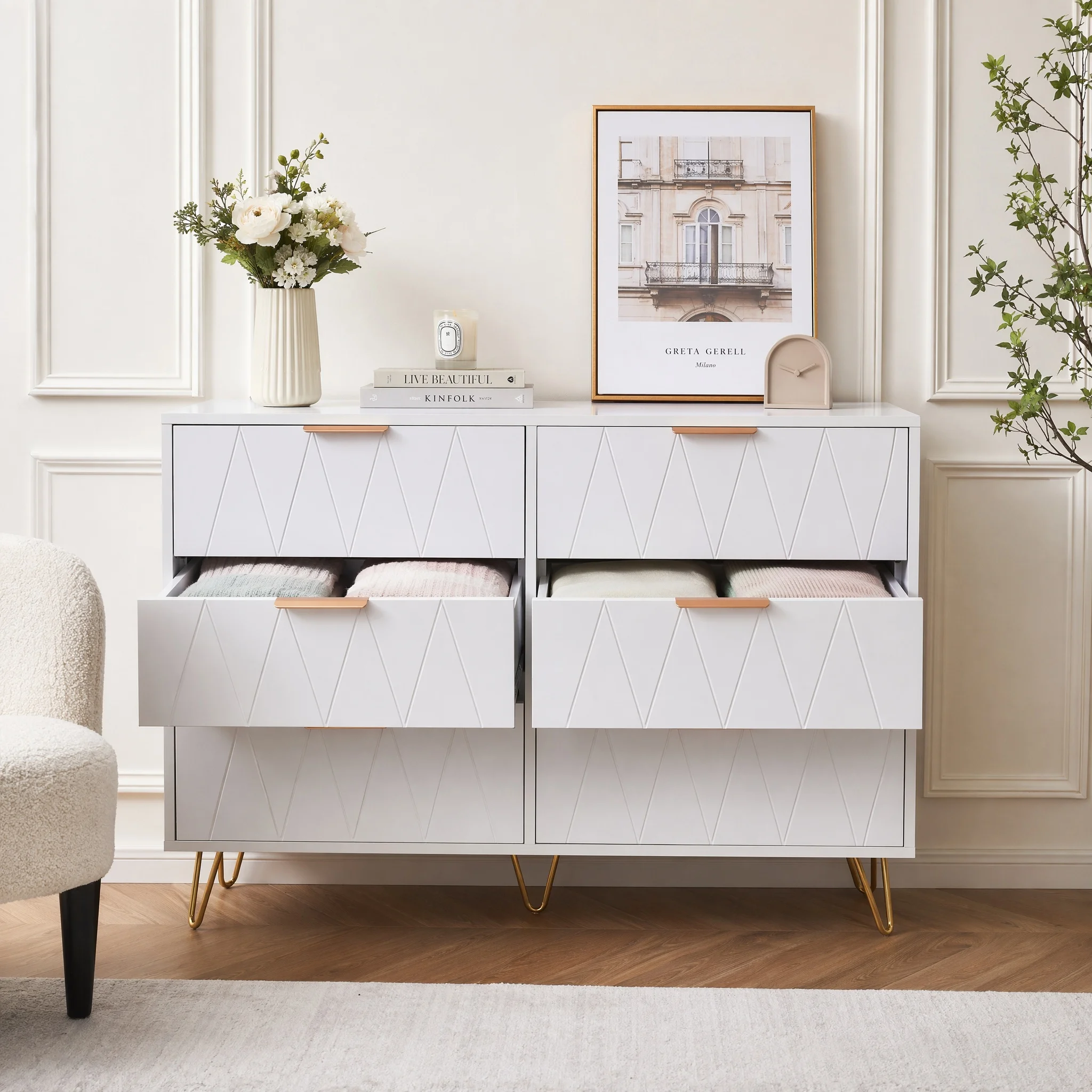 Comanlai - Mueble de Almacenamiento con Cajones Blancos, Seis Cajones, 100x34x72.5cm, Apto para Salas de Estar, Entradas, Dormitorios