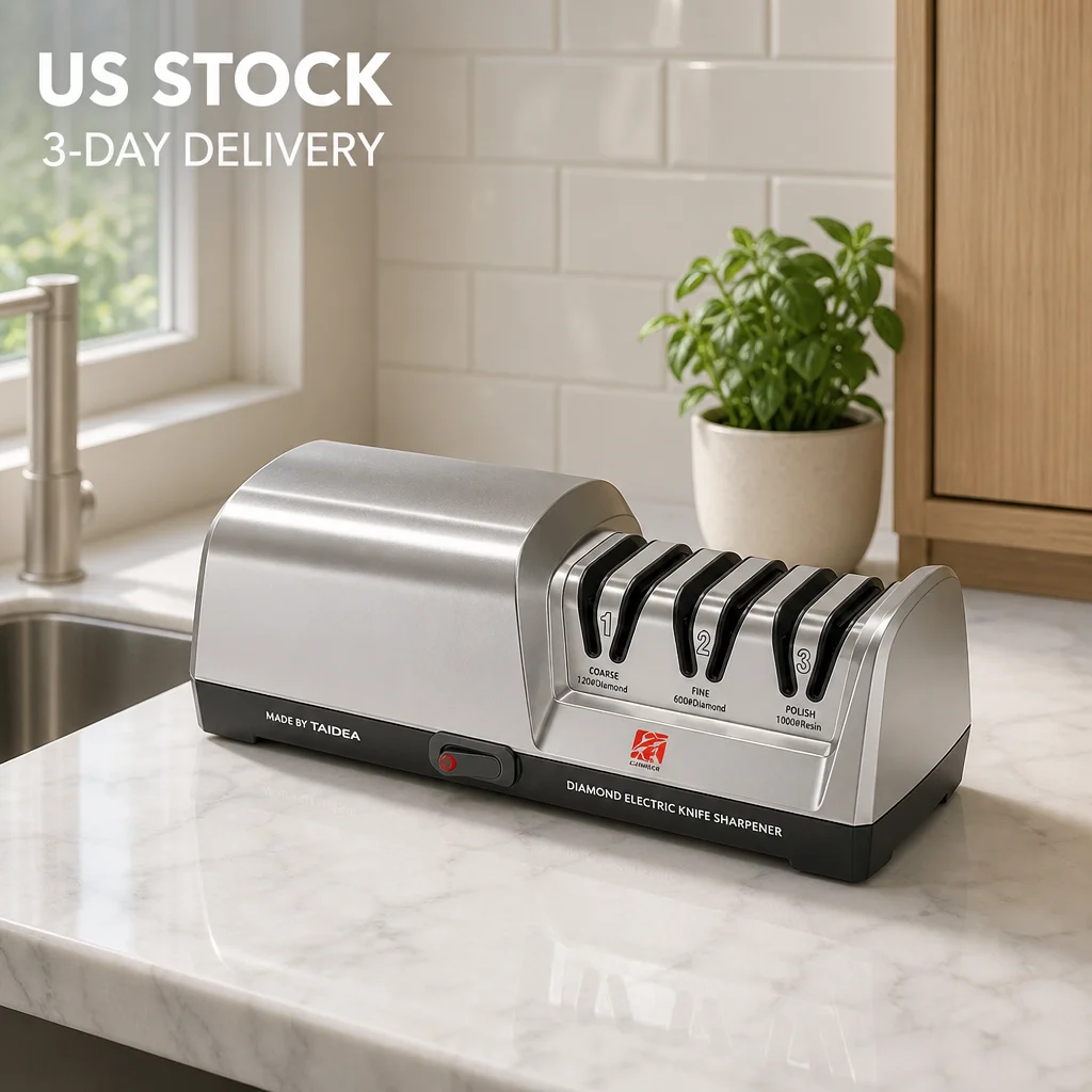 US Stock 18W 3-Stage Electric Diamond Knife Sharpener 15 Degree Angle Guide Sharpening System, US Plug Professional Sharpener