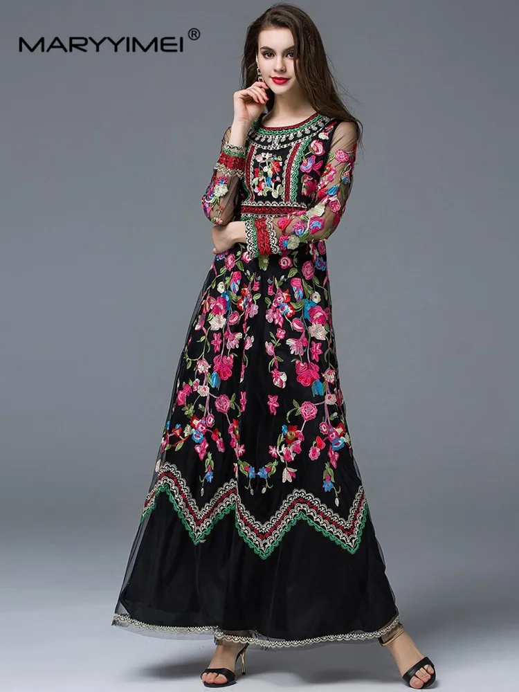 MARYYIMEI Fashion Designer Spring Summer Women's dress Long sleeved Flower Mesh Embroidery Elegant Maxi Dresses