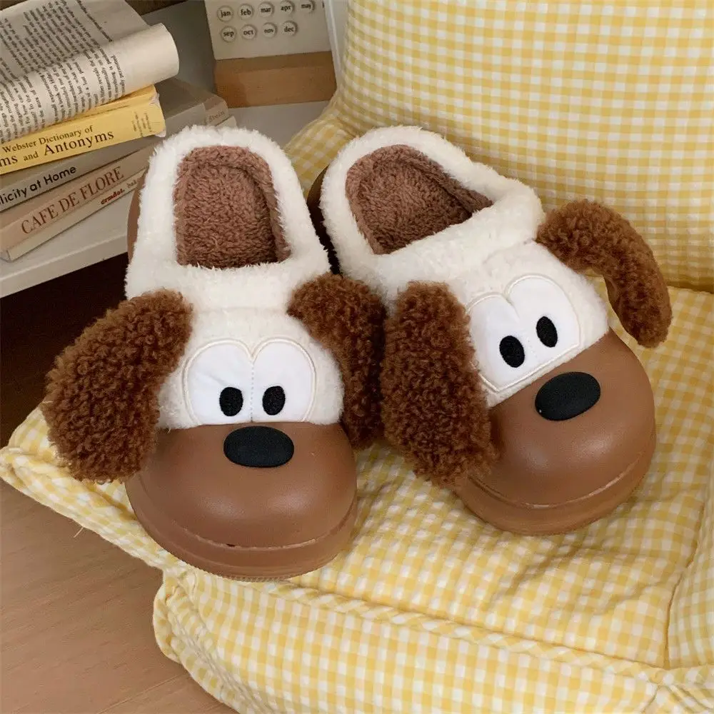 

Women's Winter Cotton Slippers Cute Little Dog Design Fleece Lined Anti-Slip Warm Thick Bottom Fur Outdoor Wearable Home Slipper