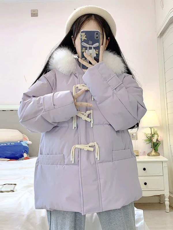 Blue Thiened down Jaet Women's Winter Warm Coat Fur Collar Windproof Outerwear College Sle Loose Fit Polyester Fiber