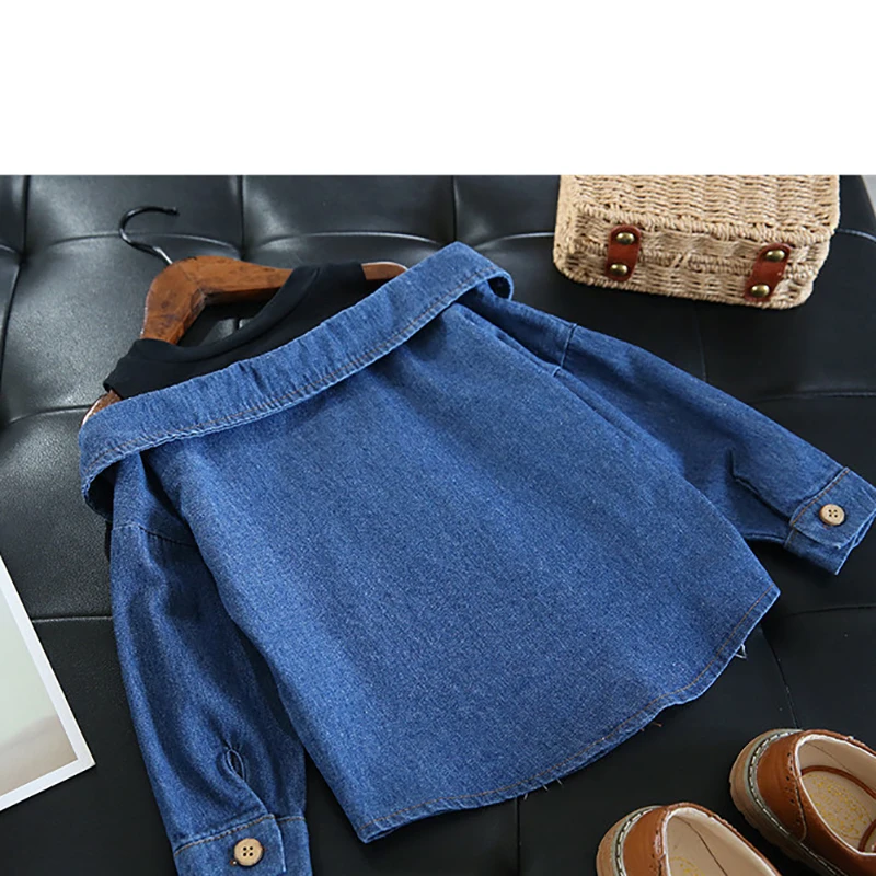 Little Girls Blouse Shirt Casual Jeans Fall Toddler Baby Girls Denim Shoulderless Long Sleeve School Girls Tops for 2-8 Years