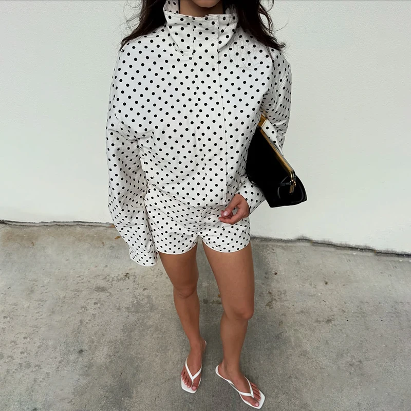 

TARUXY модная куртка с принтом в горошек, женское пальто с воротником-стойкой и длинными рукавами, рабочая одежда, пальто Ins, популярные короткие повседневные женские куртки