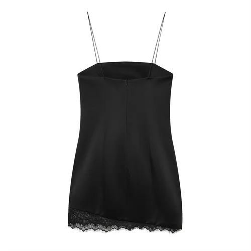 Imagen 2 del producto Vestido de mujer 2025 otoño nuevo estilo negro Spaghetti Strap satén-encaje Patchwork Mini vestido Sexy y elegante