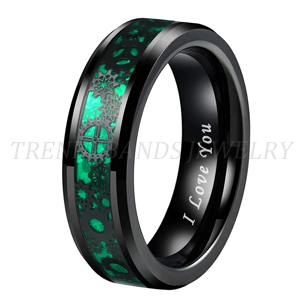 6 mm schwarzer Herren- und Damen-Wolframkarbid-Ring, Ehering-Ausrüstung und grünes Opal-Inlay, bequeme Passform – Detail 3