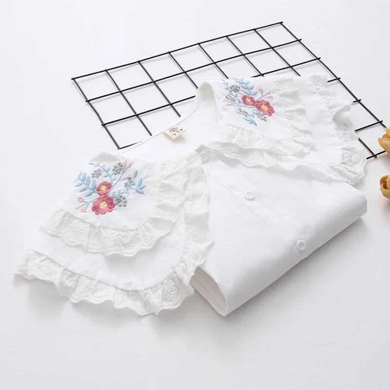 Cute Embroidery Flower Blouse Sweet Doll Collar Button Up Shirts Students Women Summer Tops Y2K Kawaii All-Matching Blusas Tops