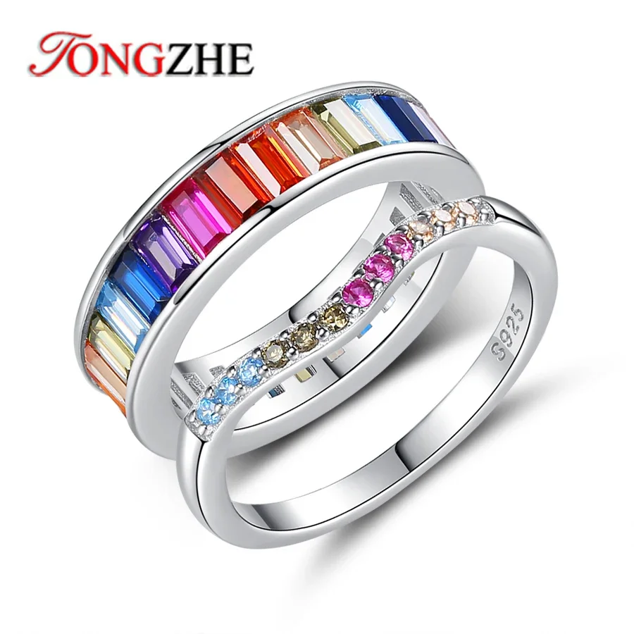 

TONGZHE 925 Sterling Silver Colorful Rainbow Water Droplet Clear CZ Finger Rings for Women Wedding Engagement Jewelry Gift