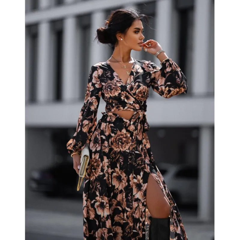 Black Printed Long Skirt Set Ladies Fashion Autumn Leopard Print Ladies Long Sleeved V-neck Lace Up Waist Leakage Sexy Set Dress