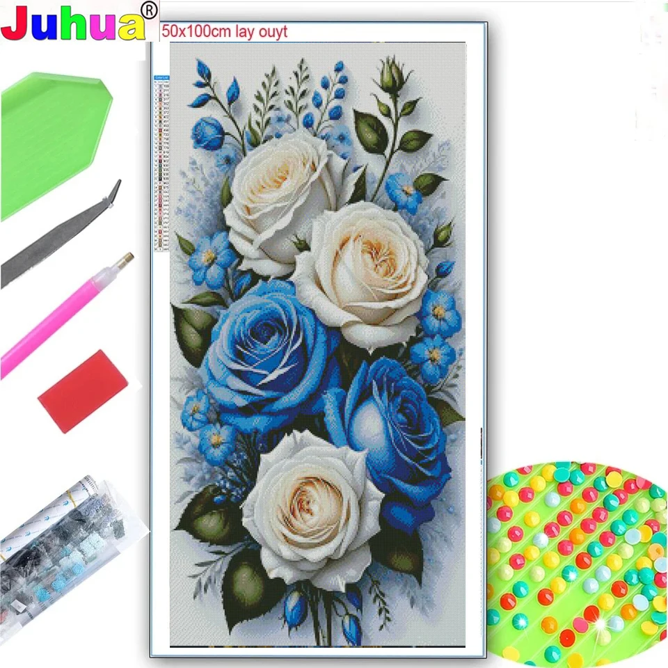 Blue Rose Flower Diamod Painting New 2024 Full Square round Diamond Mosaic Beautiful still life For Living Room Decor Gift