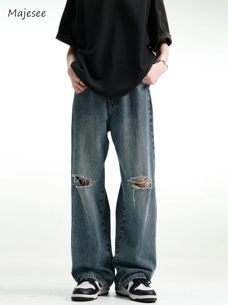 

Jeans Men Fashion All-match Harajuku Japanese Style Hole Loose Full Length High Street Vintage Washed Denim Casual Autumn Daily