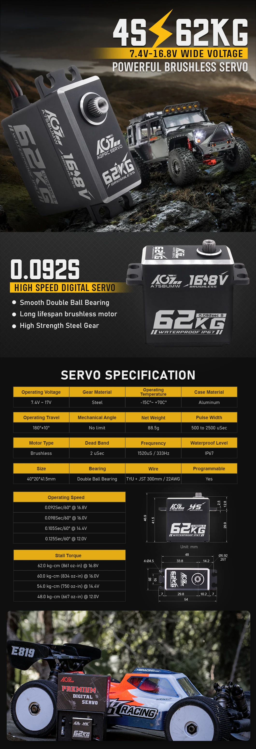 Agfrc 62kg super drehmoment a75bumw 4s 16,8 v hv programmier bares wasserdichtes bürstenloses rc servo für rc auto crawler buggy lkw – Detail 1