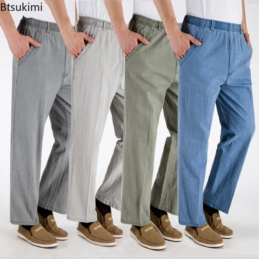 

New Men's Linen Casual Pants Loose Fit Solid Color Straight Leg Elastic High Waist Spring and Summer Comfortable Trousers Male