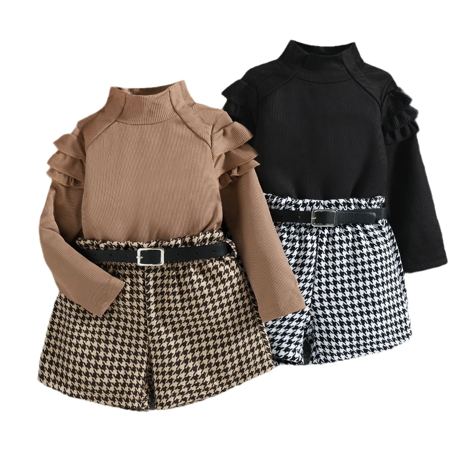 

New Fashion Toddler Kids Girls Spring Clothes Set Little Girl Ruffles Long Sleeve Turtleneck Tops+Belted Shorts Children Outfits