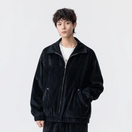 Autumn Man Jacket American Retro Simple Solid Color Long Sleeve Male Coat Turn Down Collar Zipper Loose Casual Men Outerwear