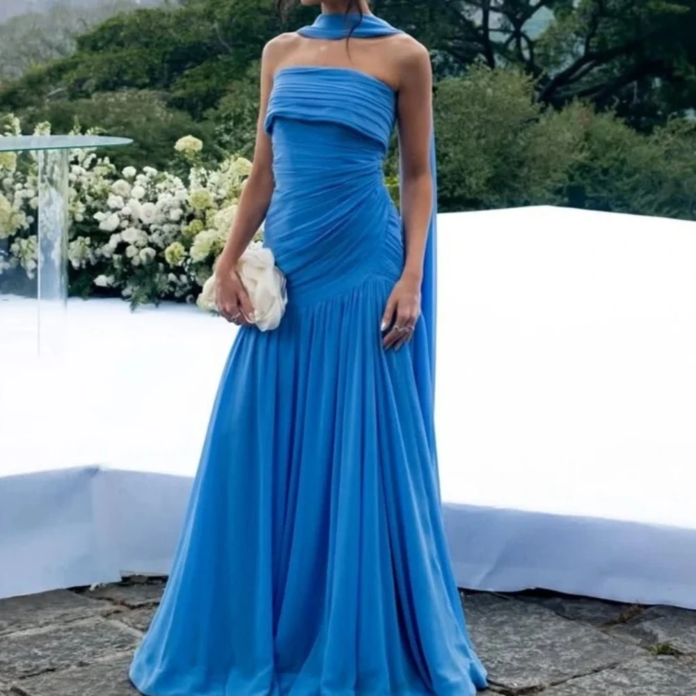 

Customized Blue Exquisite Classic Chiffon Pleat Ruched Draped A-line Strapless Shawl Floor-Length Evening Dresses for Woman