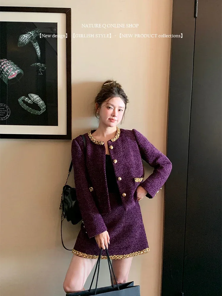 Fashion 2024 Autumn Winter French Purple Skirt Sets Women Diamond Splice High Quality Tweed Short Coats Thickened Two-Piece Suit