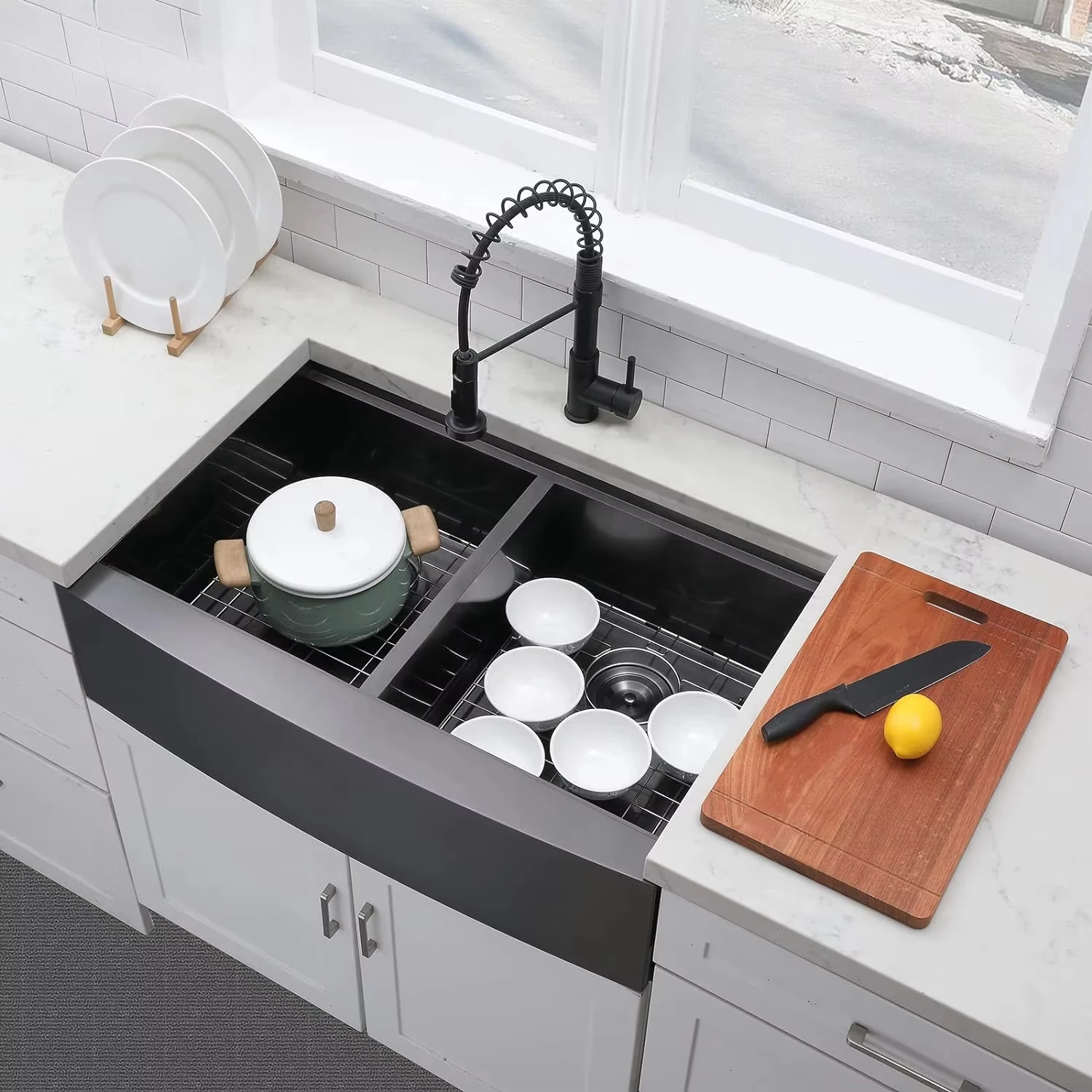 Single Large Kitchen Apron Sink 304 Stainless Steel Deep Farmhouse Bowl with Installation Accessories