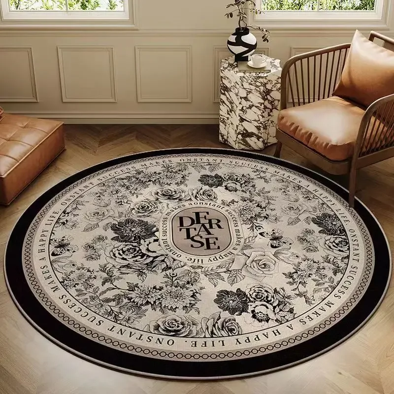 ~O~French Vintage Round Rug – Simple Elegant Carpet for Living Room, Bedroom, Study & Dressing Table Area