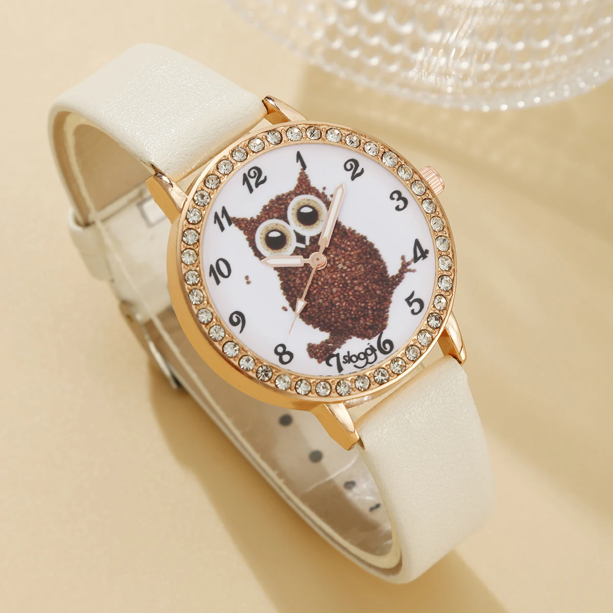 5pcs set women\'s trendy and versatile college leather studded diamond wrist watch cartoon owl quartz watch