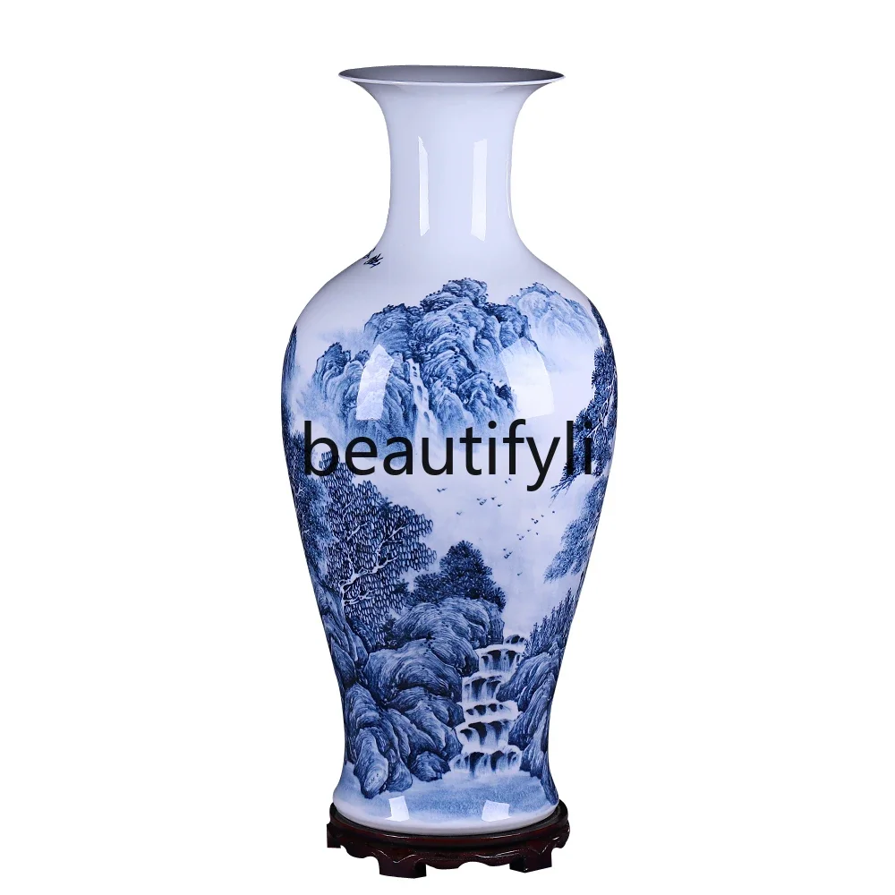 Jingdezhen ceramics floor-to-ceiling vase hand-painted large blue and white landscape Chinese living room versatile D80