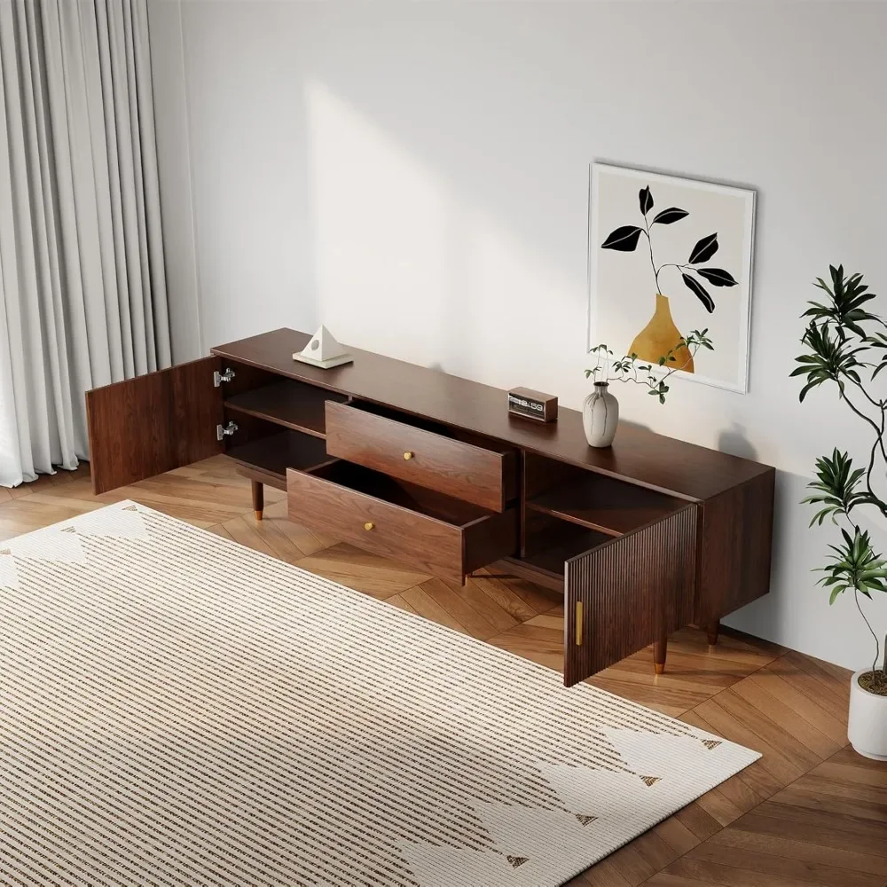 "حامل تلفزيون منتصف القرن لتلفزيونات 75 بوصة - وحدة تحكم من خشب الجوز مقاس 70.9 بوصة مع خزائن ودرجين للغرف المتعددة"