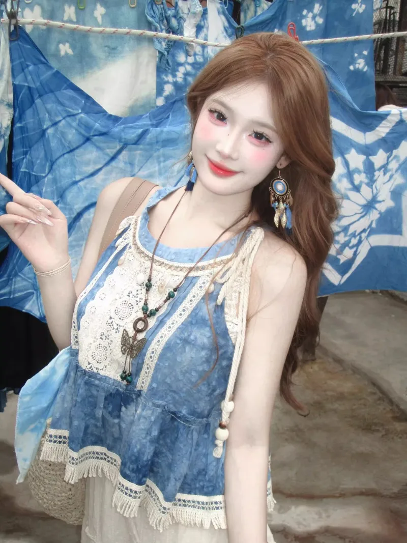 

Bohemian Retro Skirt Sets Short Blue Lace Vest Tank Top Tiered Tassel A-line Skirts Summer Vacation Style Women Two-piece Set