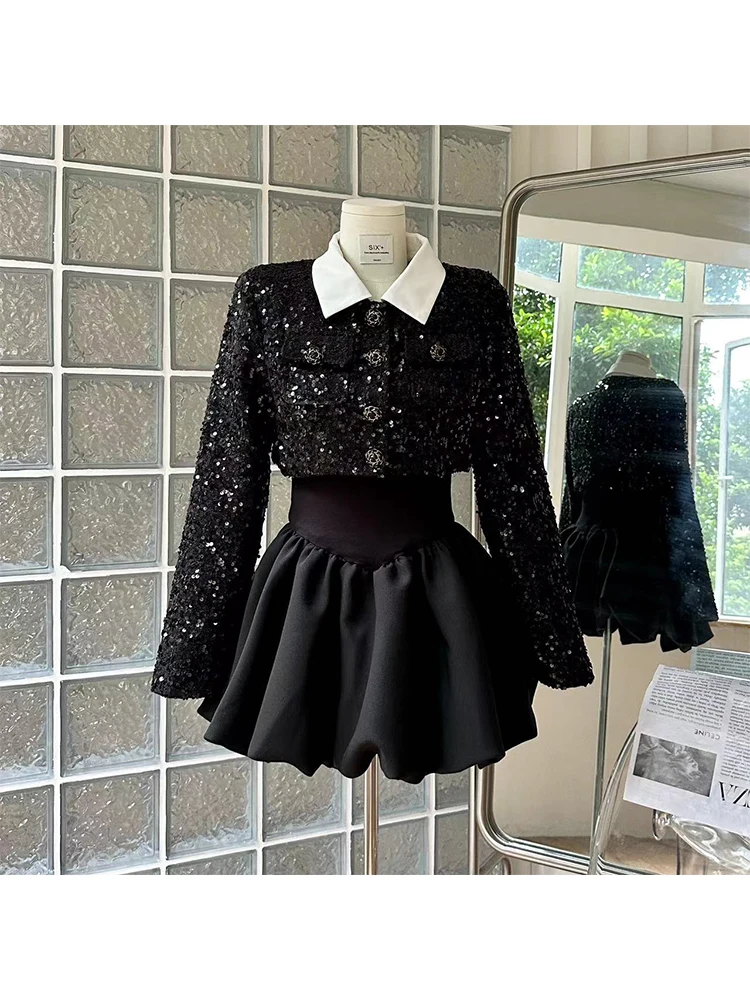 Women Sexy Korean Rave Party Evening Luxury Outfits 2 Piece Dress Set Long Sleeve Square Collar Ball Gown + Sequin Crop Jacket