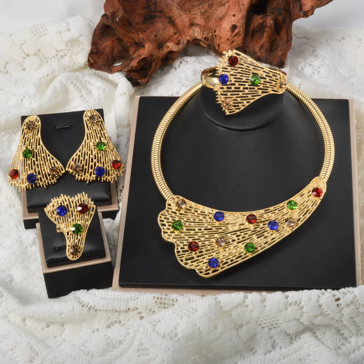Dubai Cooper Gold Plated Jewelry Sets Necklace Bracelet Earrings Ring Set for Engagement Wedding Party Jewelry Gift