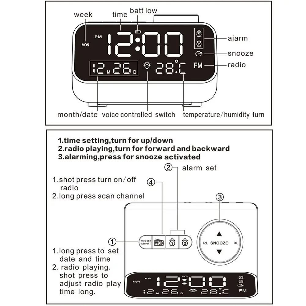 Adjustable Volume FM Radio LED Alarm Clock USB Charging Thermometer Digital Table Calendar Hygrometer Voice Control