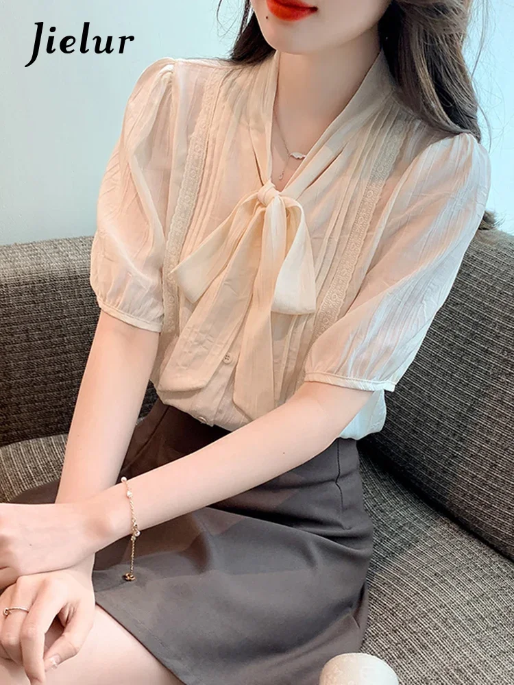 Jielur Summer New Korean Loose Women Shirt Slim Solid Color Sweet Ladies Shirt Woman Apricot Elegant V-neck Chiffon Top Female