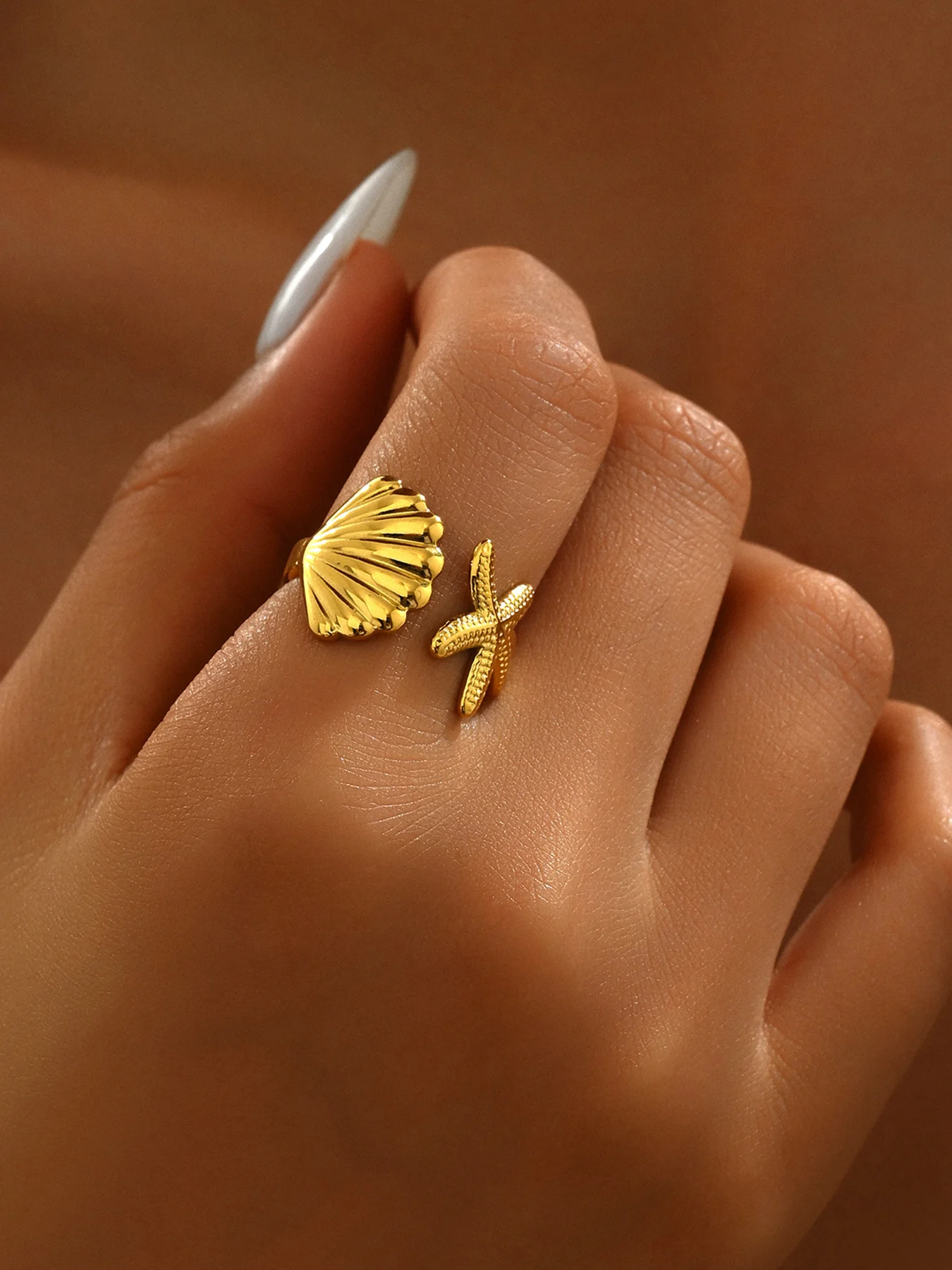 Gold Color Metal Shell Starfish Open Ring For Women Fashion Ocean Style Design Starfish Girls Cute Finger Ring Y2K Jewelry