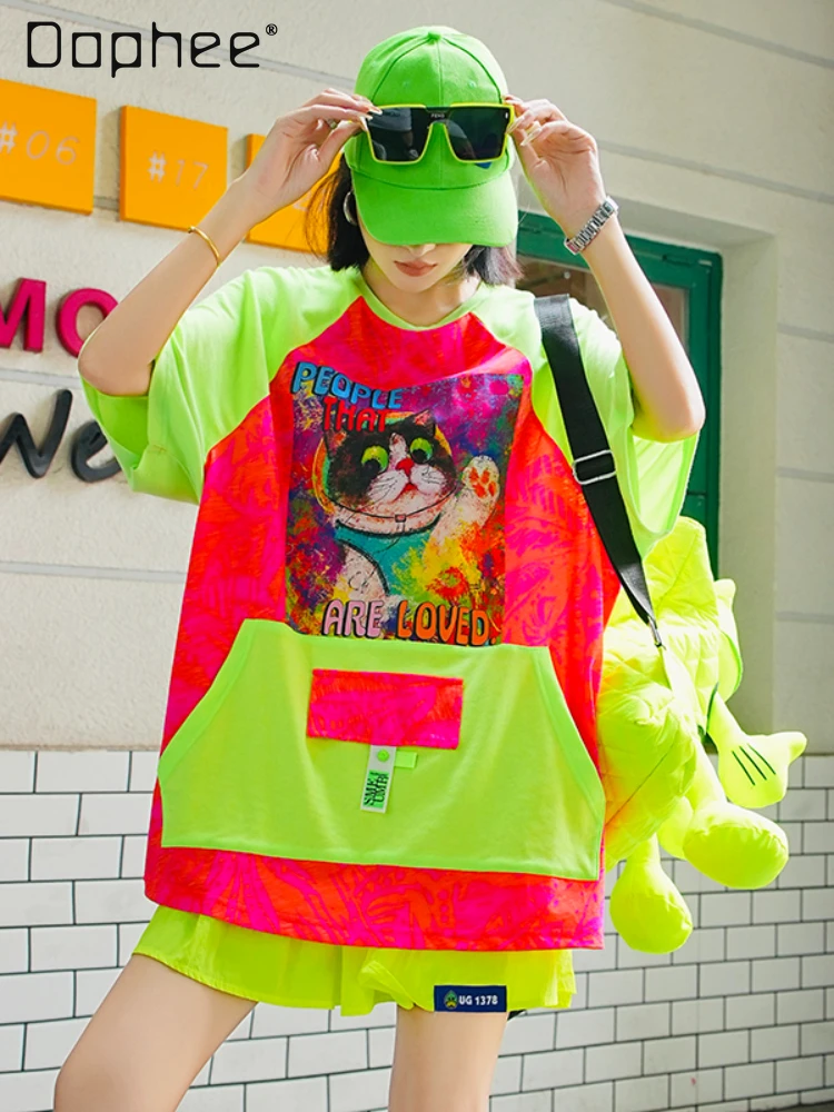 

Spring Summer 2024 Fluorescent Green Contrast Color Colorful Letter Cat Fashion Brand Casual Loose Short Sleeves T-shirt Women