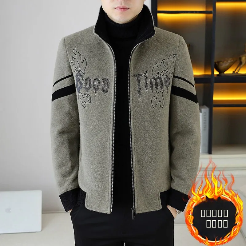 

Мужская повседневная куртка с отложным воротником, вышитая, из хлопка, теплая, деловая, для джентльменов, шерстяное пальто на молнии, из полиэфирного волокна