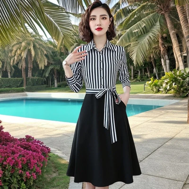 Striped Dress with Long Sleeves with Pockets Shirt Collar Long Sleeves A-line Fake Two-piece Midi Skirt