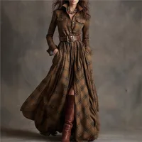 Leisure Grid Printed Long Sleeve Shirts Dress Autumn New Long Sleeve Pocket Dress Elegant Ladies Loose Pleated Commute Dresses - Image 5