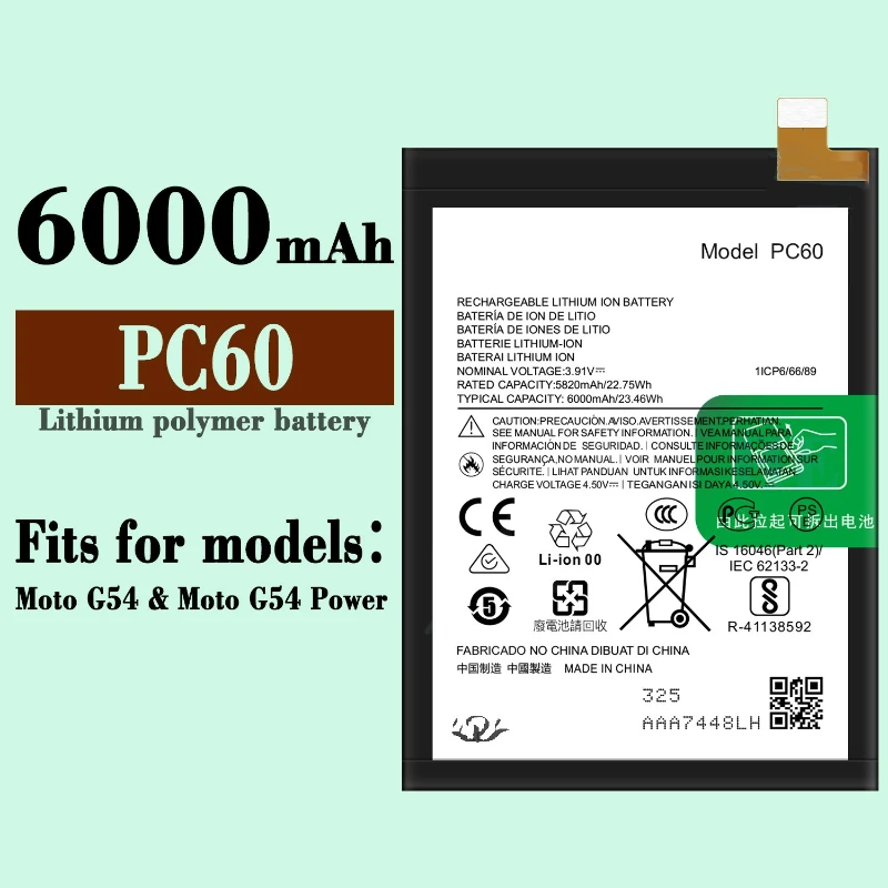 Motorola MOTO G24 G54 5G /G54 Power 5G 전화 배터리 + 도구 용 새로운 PC60 6000mAh 휴대 전화 배터리
