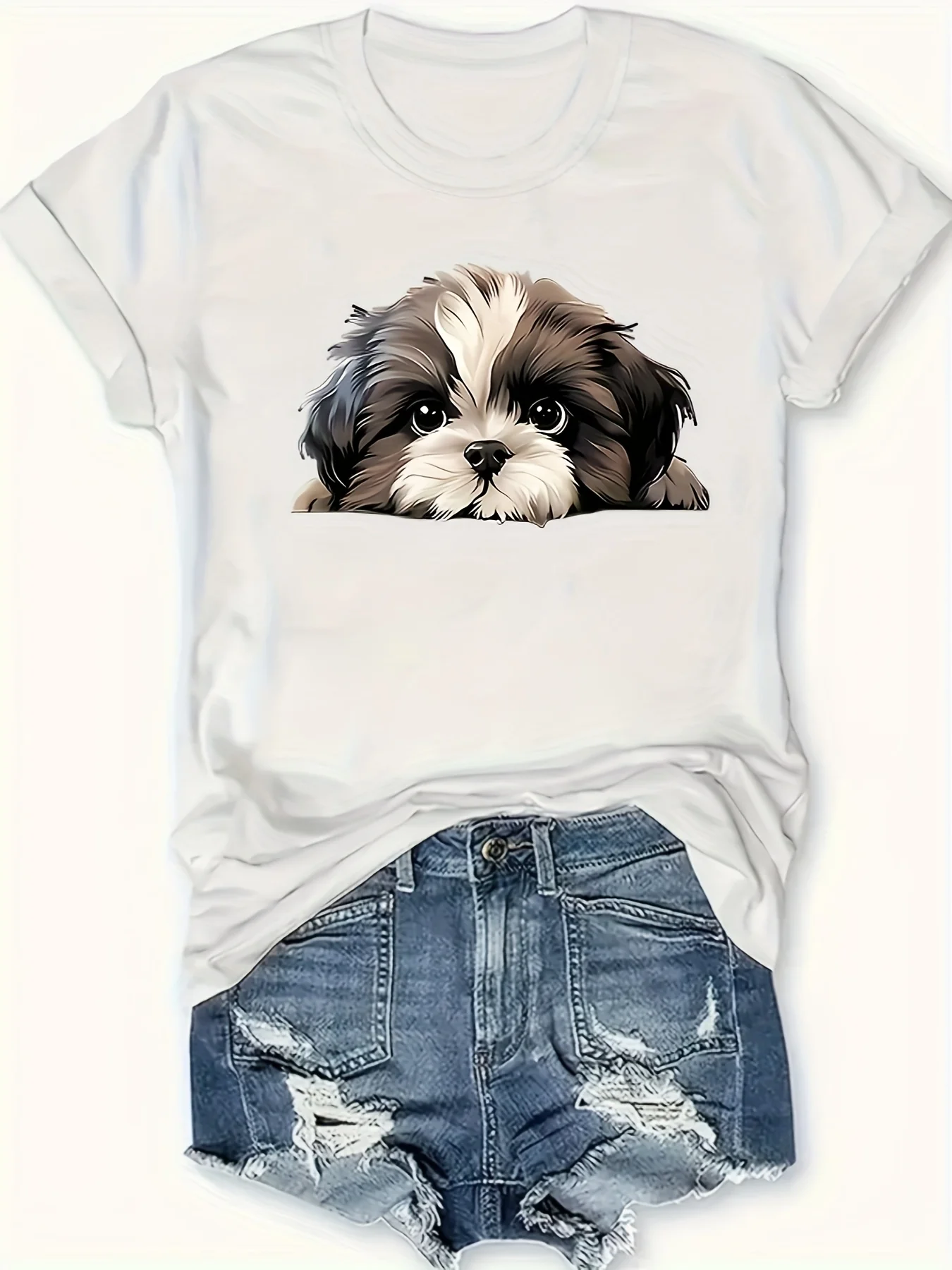 

Round Neck T-Shirt with Cute Shih Tzu Dog Peek-a-Boo Cartoon Print Women's Harajuku Short Sleeve Casual Aesthetic Clothes