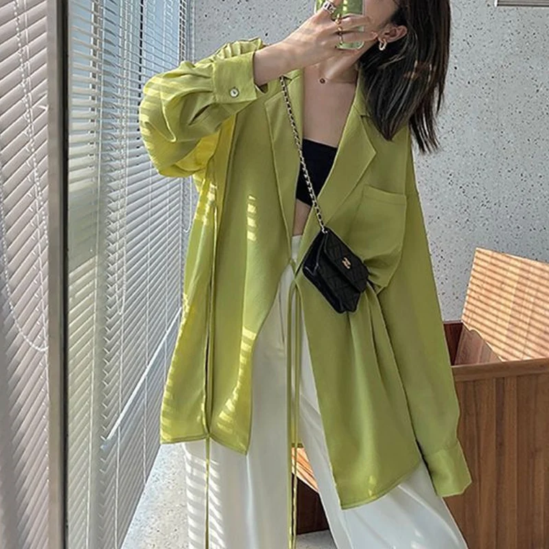 Summer New Solid Color Shirt Women POLO Collar Fashion Long Sleeve Lacing Cardigan Elegant Loose Thin Style Pockets Chic Tops