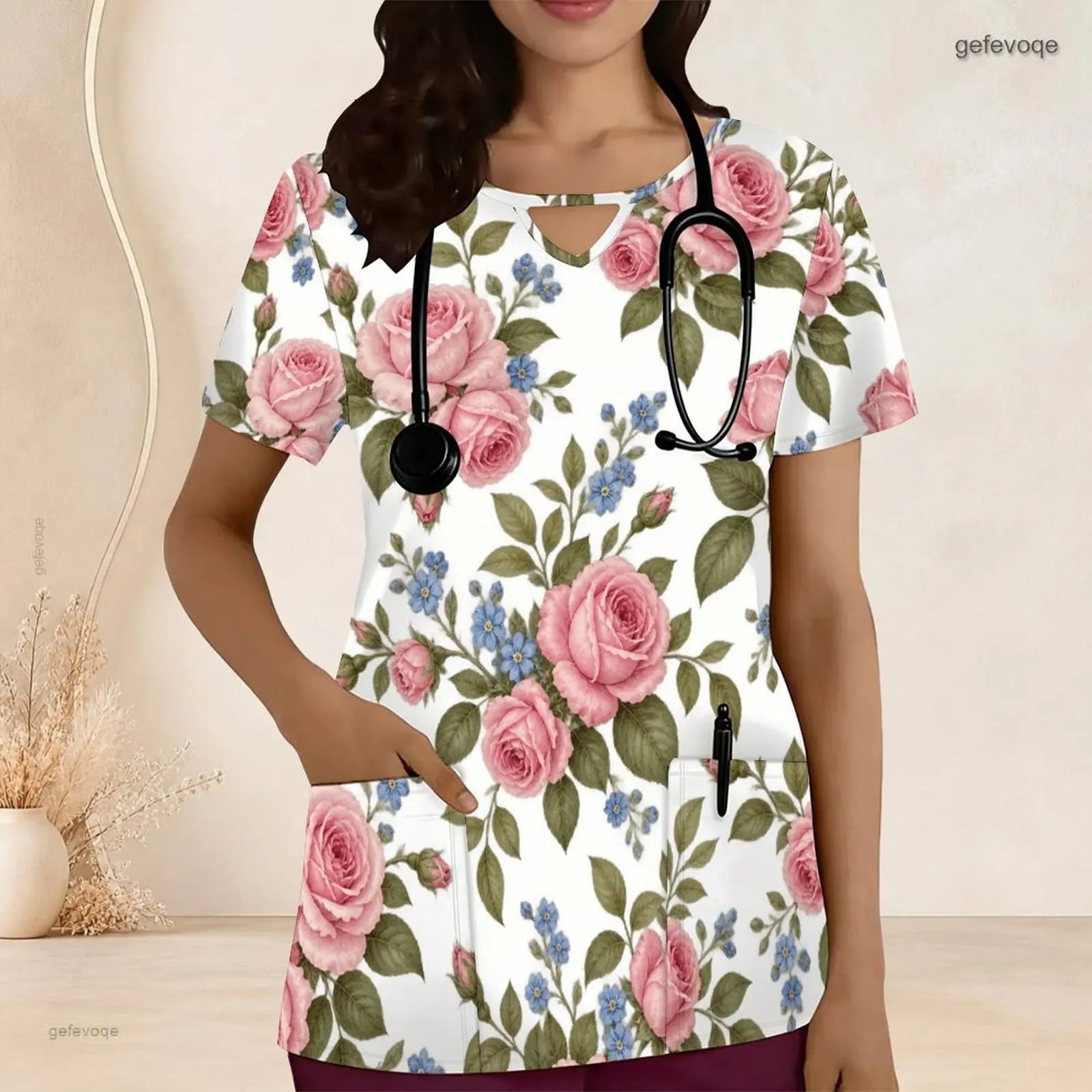 Women Printed Painterly Floral Keyhole Neck Short Sleeve Scrub Top with Front Pockets