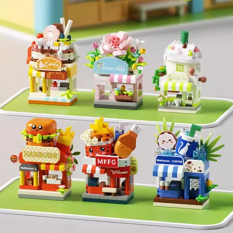 

Restaurant Dessert Coffee Fruit Flower Store Snack Street View Cake Food House Building Blocks Kits Girls Bricks Model Kids Toys