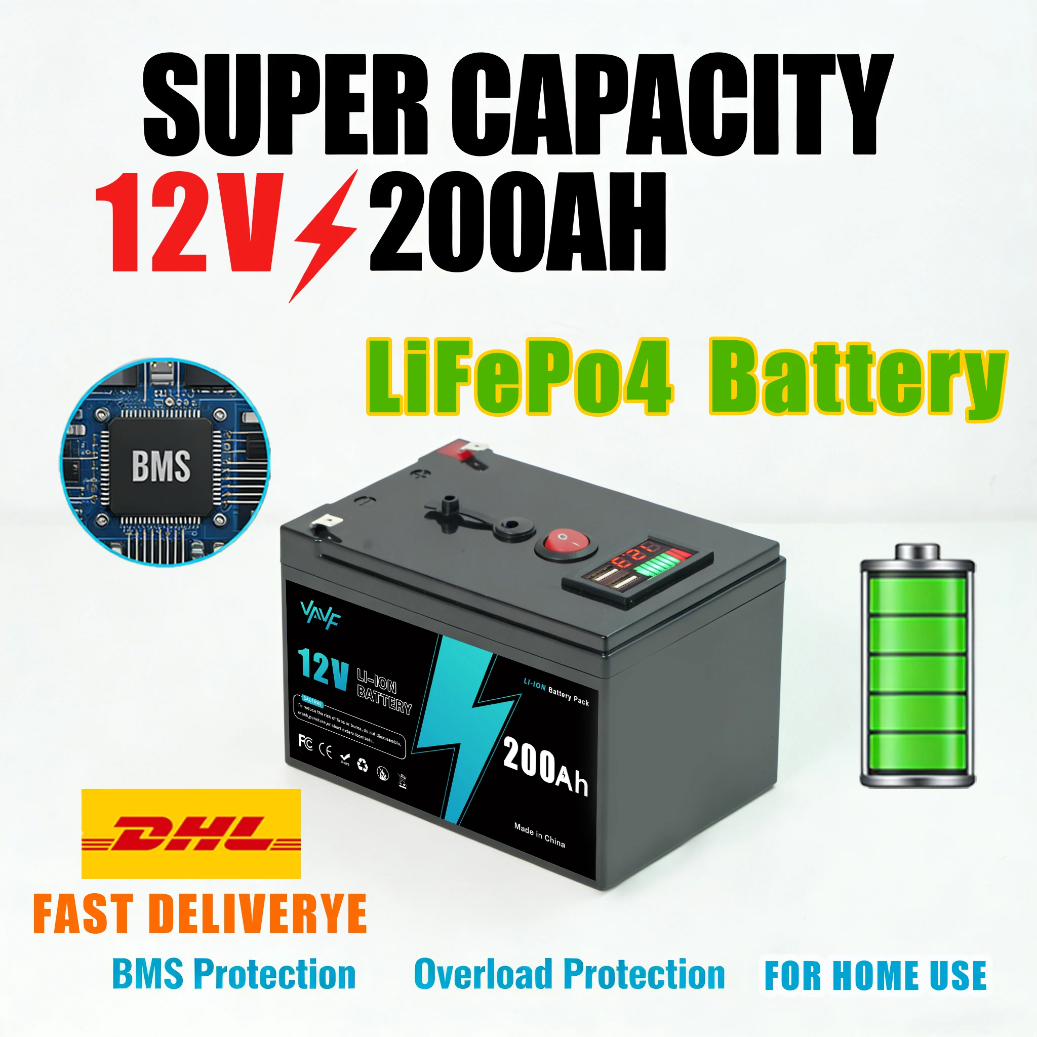 

Reliable Lithium Battery12V 200Ah LiFePO4 Batterywith Comprehensive BMS Protection for Solar Battery Van Life and Sailboats