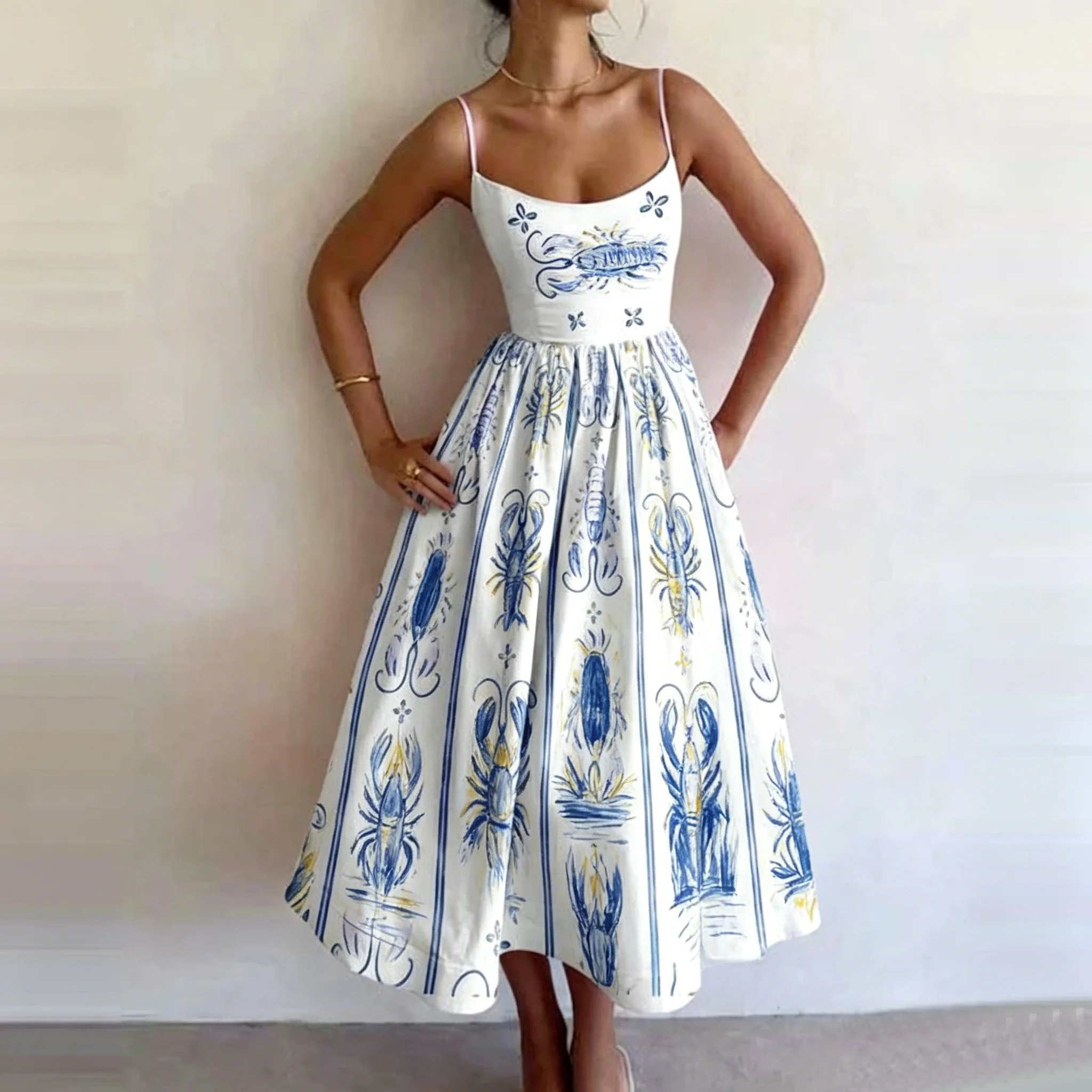 

Women's Artistic Blue Print Spaghetti Strap Midi Dress A-Line High Waist Casual Elegant Daily Street Party Vintage Summer Outfit