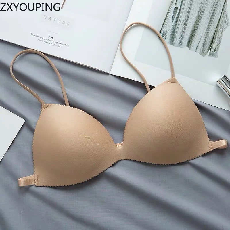 2PCS Women Wire Free Bra, Sexy Beautiful Back Bra, Seamless Thin Triangle Cup Small Breast Push Up Bra Set