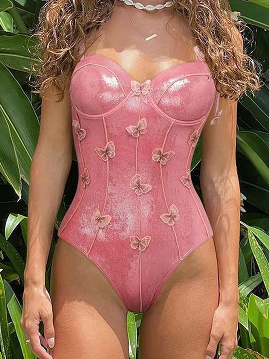 

New Fashion Women 3D Butterfly Swimsuits Laicng Strap Metallic Triangle Slim Fit Backless Bathing Swimwear Hot Sale S M L