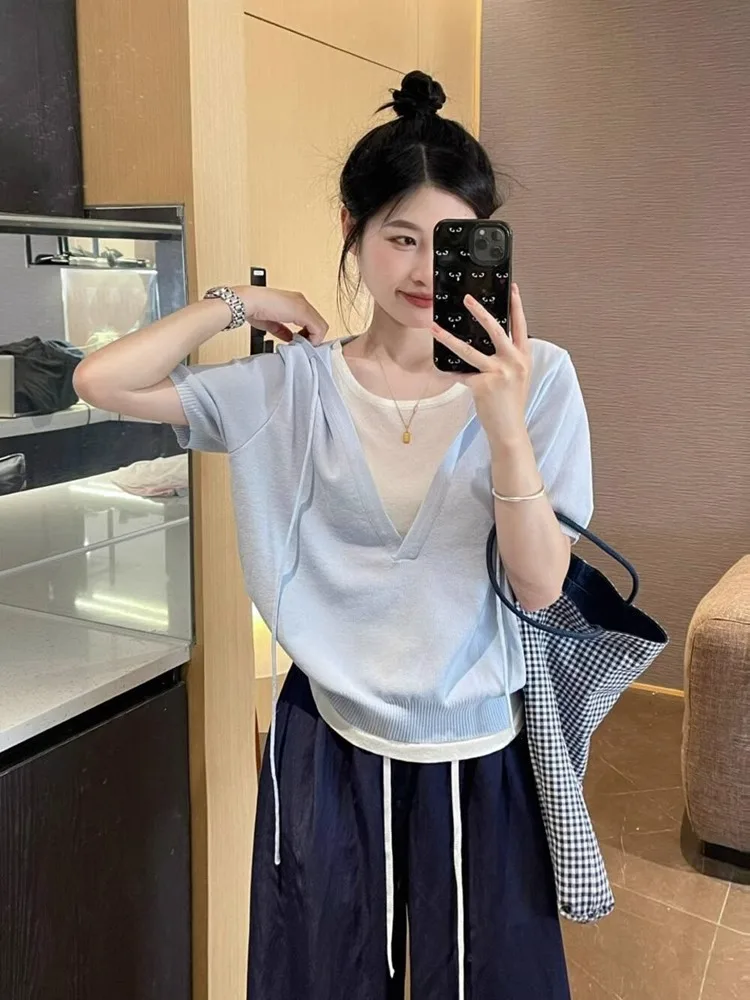 Summer Thin Ice Silk ort Sve Knitted Hat T-irt Women's Korean Sle Commute Slim Fit round Ne Casual Top